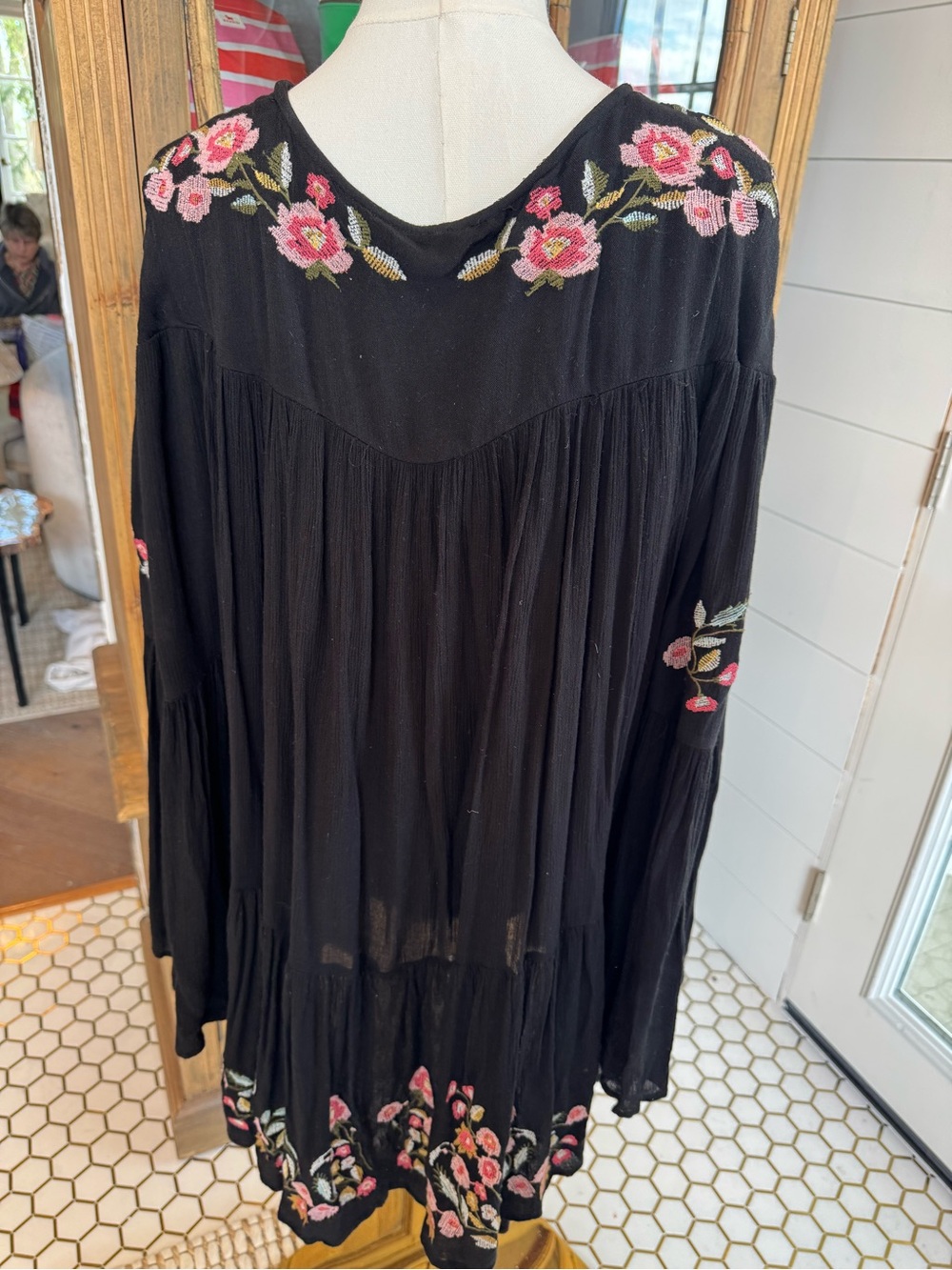 Free People Black Long-Sleeve Dress with Pink Floral Embroidery